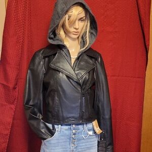 Bod & Christensen Black Lamb Leather Cropped Dickey Jacket Dark Gray Insert New!